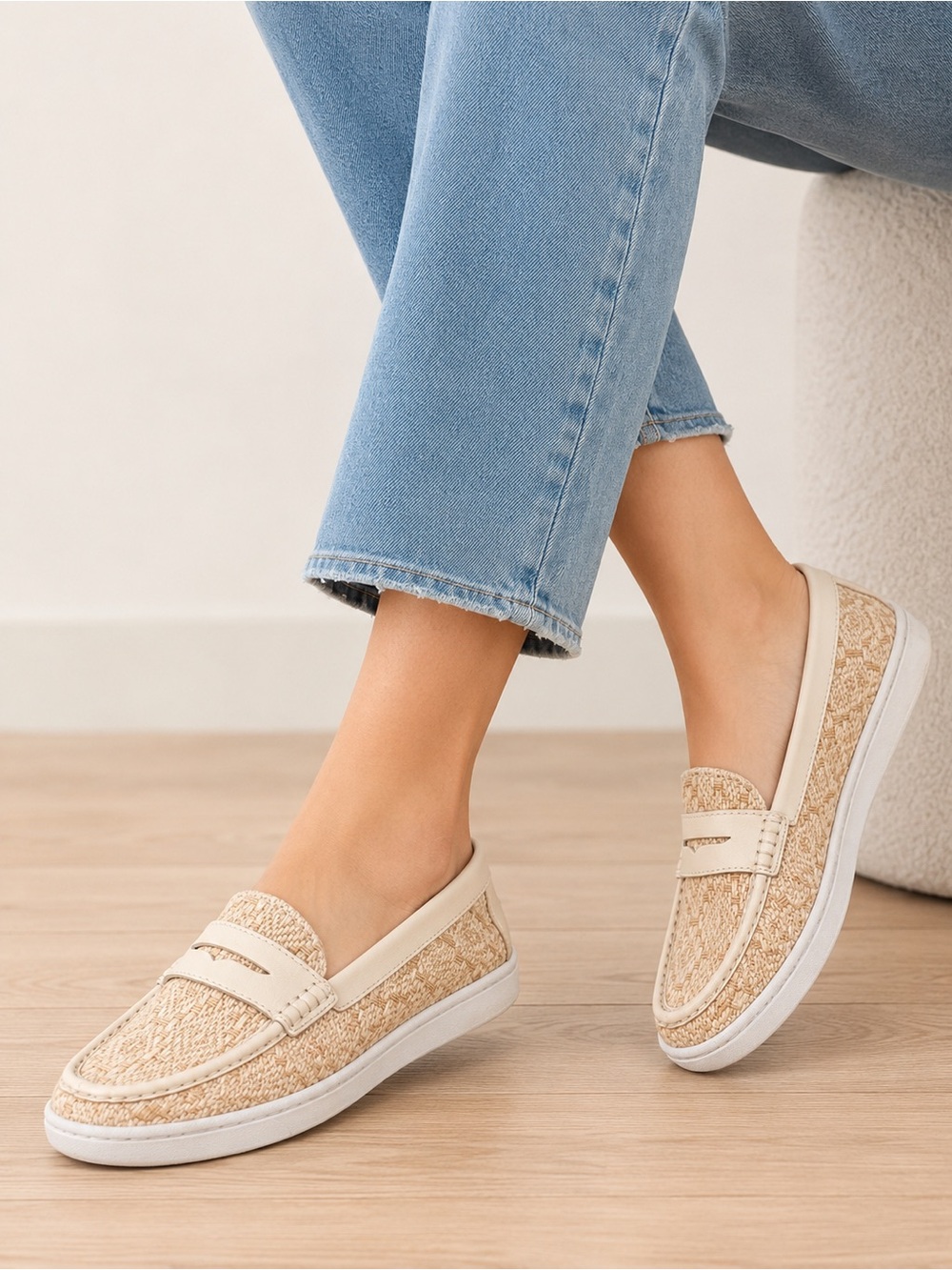 Cole Haan Grand OS Woven Penny Loafers Cream Beige Slip-On Shoes 7.5B